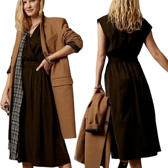 Banana Republic SS Shiny Satin Sheen Twill Wrap Burnt Umber Brown Midi Dress S - Picture 16 of 16